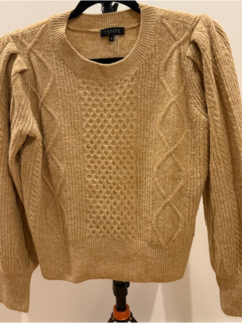 1.STATE Women's Camel Cable Crewneck Sweater